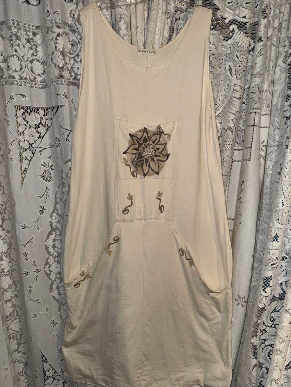 Blue Fish Cream Midi Dress with Floral Appliqué